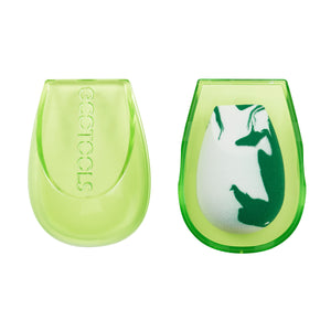 Lime green teardrop makeup sponge blender with clear travel case