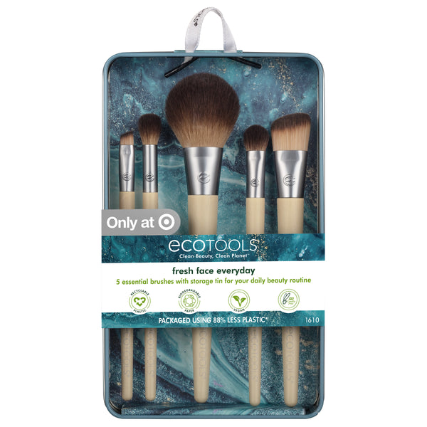 Fresh face makeup brush kit with five brushes in a teal carrying case