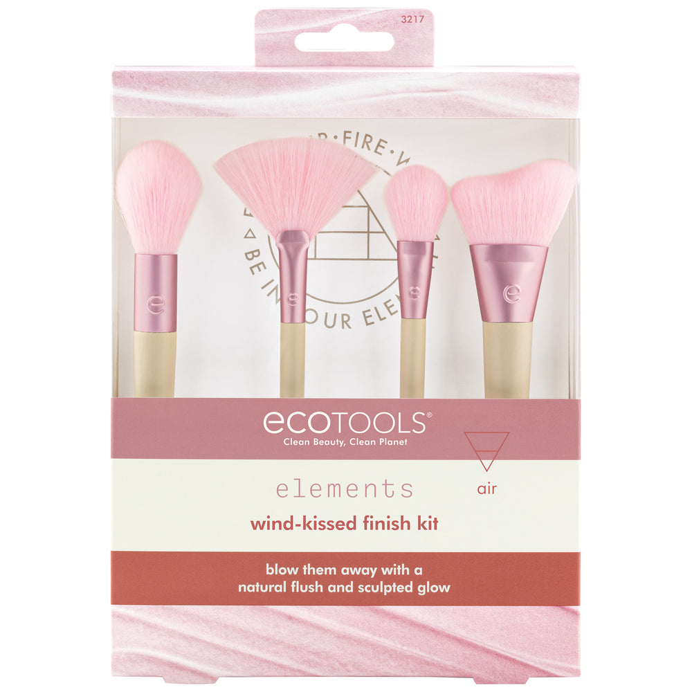 Makeup brush set with pink bristles and beige handles, pink ferrules, four-piece kit.