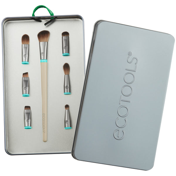 Interchangeable eye makeup brush kit in metal case with multiple brush heads