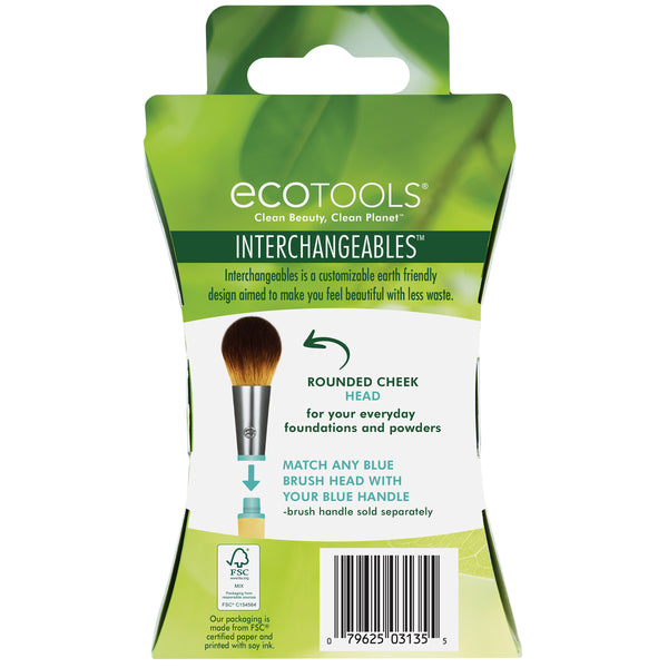 Ecotools Interchangeables rounded cheek brush head back card with icons and barcode