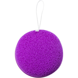 Purple round facial cleansing sponge with hanging loop, ecotools
