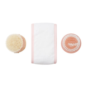 Facial cleanse & prep kit with towel pouch and two round cleansing brushes