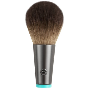 Interchangeable cheek brush head with rounded brown bristles, gray base, teal collar