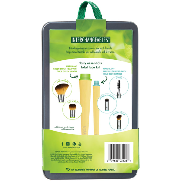 Interchangeables makeup brush kit card back with green handle packaging