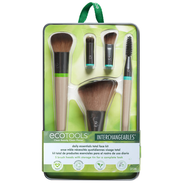 Interchangeable face makeup brush kit in green case, five brushes shown with covers
