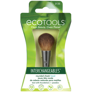 Ecotools Interchangeables rounded cheek brush head package with brown brush shown