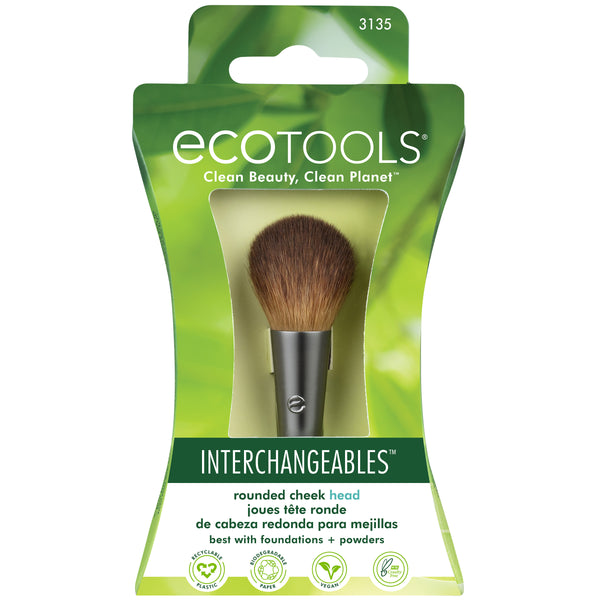 Ecotools Interchangeables rounded cheek brush head package with brown brush shown