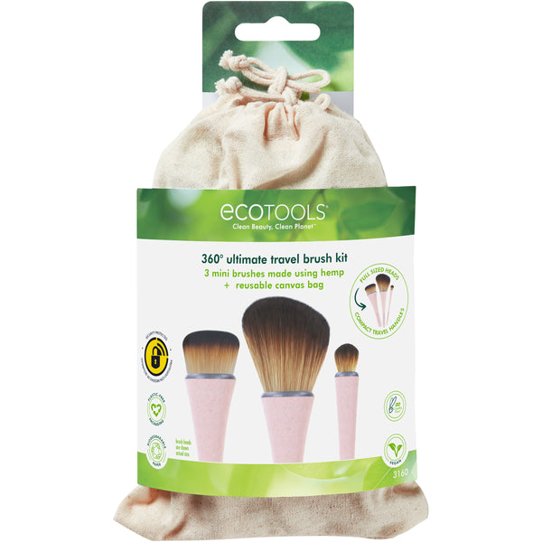 Travel makeup brush kit with beige pouch and three tapered brushes in retail package