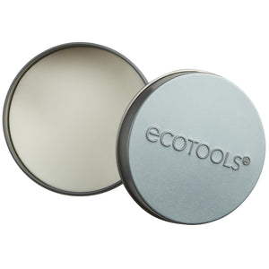 Round gray and light-blue tins with EcoTools logo for brush cleansing sheets