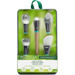 Makeup brush kit with five interchangeable brushes in clear plastic display case