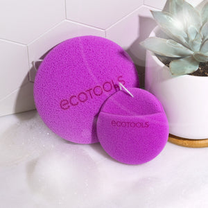 Set of two purple ecotools cleansing sponges: round and smaller oval with loop strings