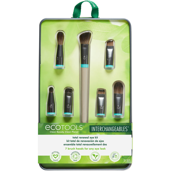 Interchangeable eye makeup brush kit with seven brushes in a display package