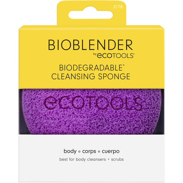 Bioblender biodegradable cleansing sponge in yellow box, purple porous sponge